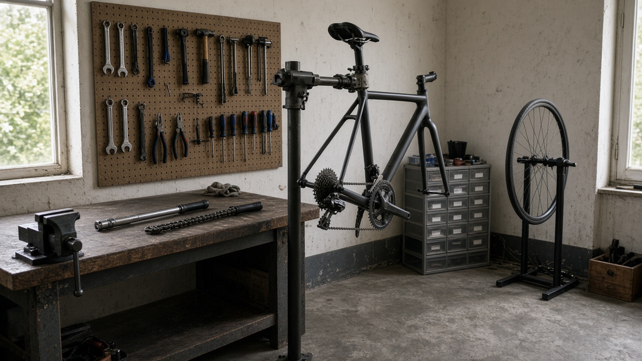 Vélo sur pied d'atelier, roue arrière démontée, outils sur l'établi