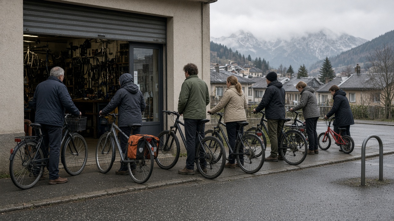Cyclistes attendant avec leurs vélos sur le trottoir devant l'atelier