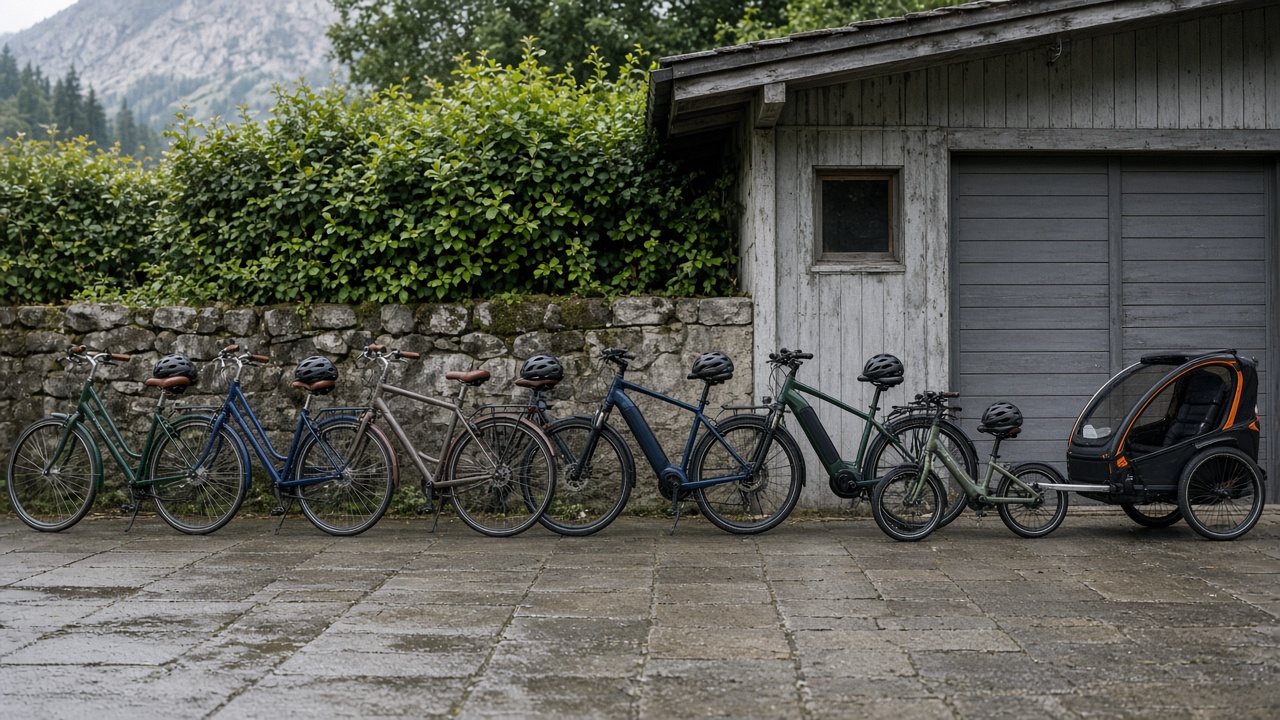 Rangée de vélos de location alignés devant l'atelier, casques sur les selles